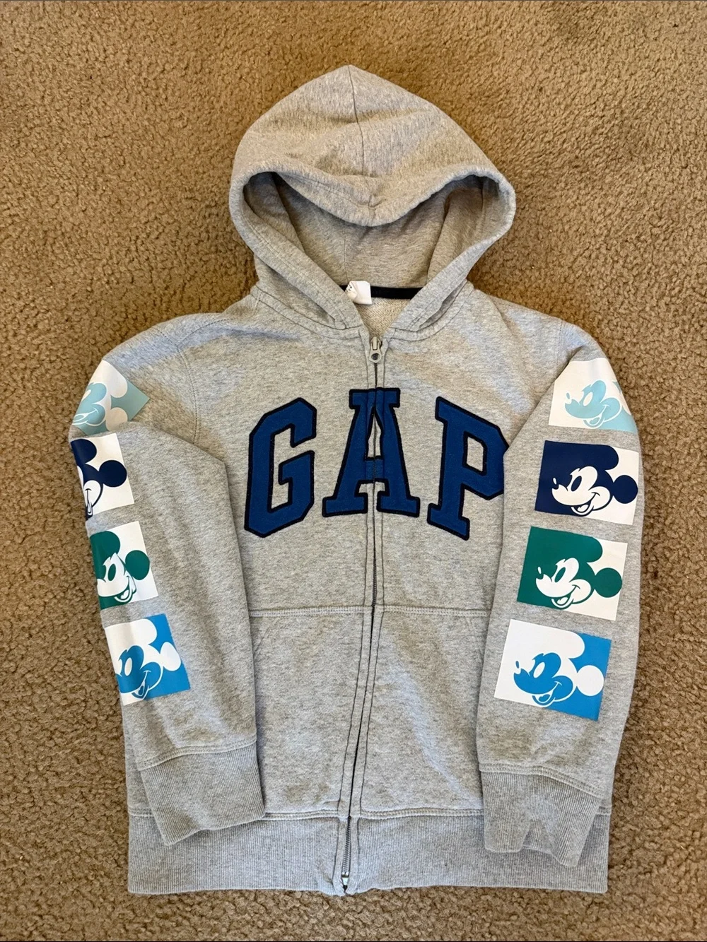 GAP x Disney Light Gray Hoodie with Blue Logo and Multicolor Mickey Panels